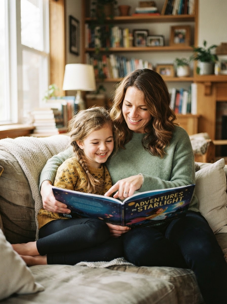 Parent and child reading together on a cozy couch
