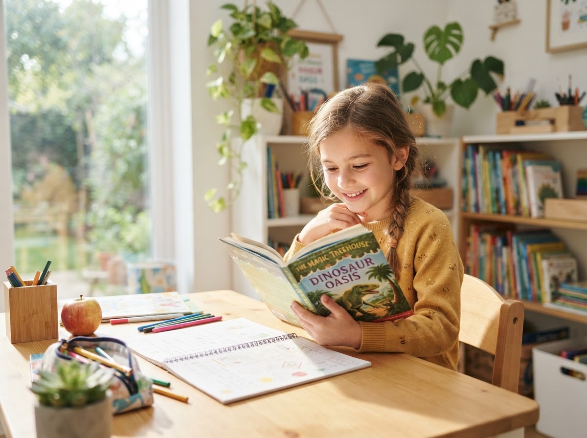 Confident student reading at a sunlit desk