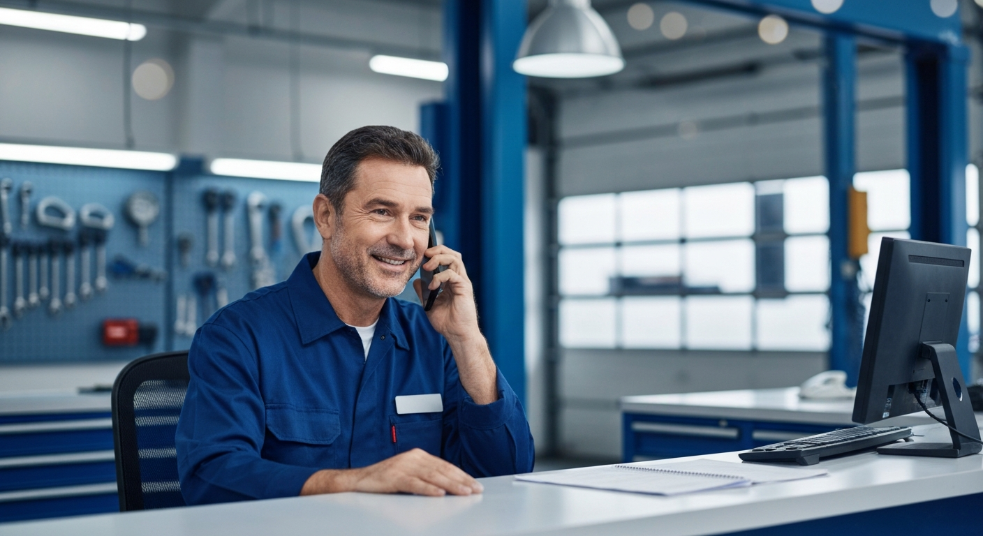 Friendly mechanic at service desk