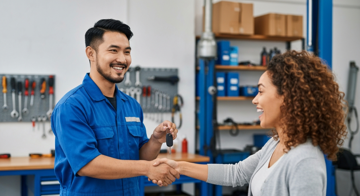 Friendly mechanic handing over car keys to a customer