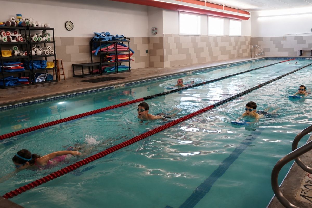 Kids swimming in the indoor heated pool during swim lessons at The M.A.C. Xtreme in Cedar Rapids