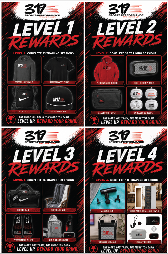 319 Sports Performance Level 1 to Level 4 Rewards — Complete sessions and earn hoodies, tech, speakers, massage guns and gear