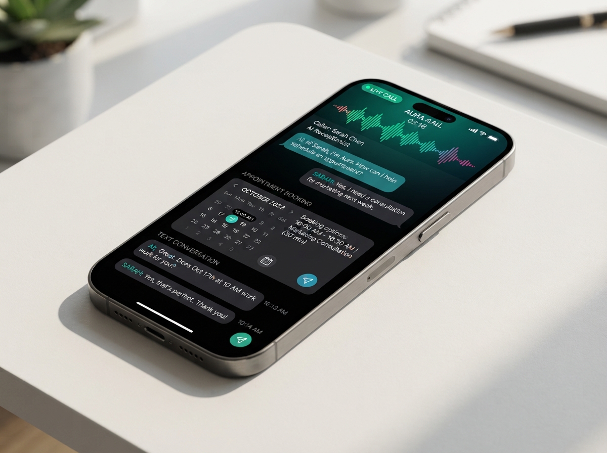 AI receptionist answering a call and text with appointment booking calendar