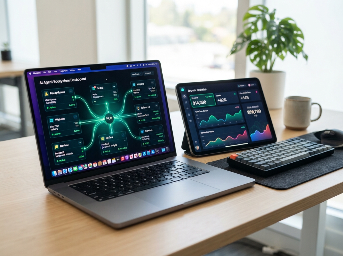 Infinite Leads AI Growth System dashboard with connected AI agents and growth analytics