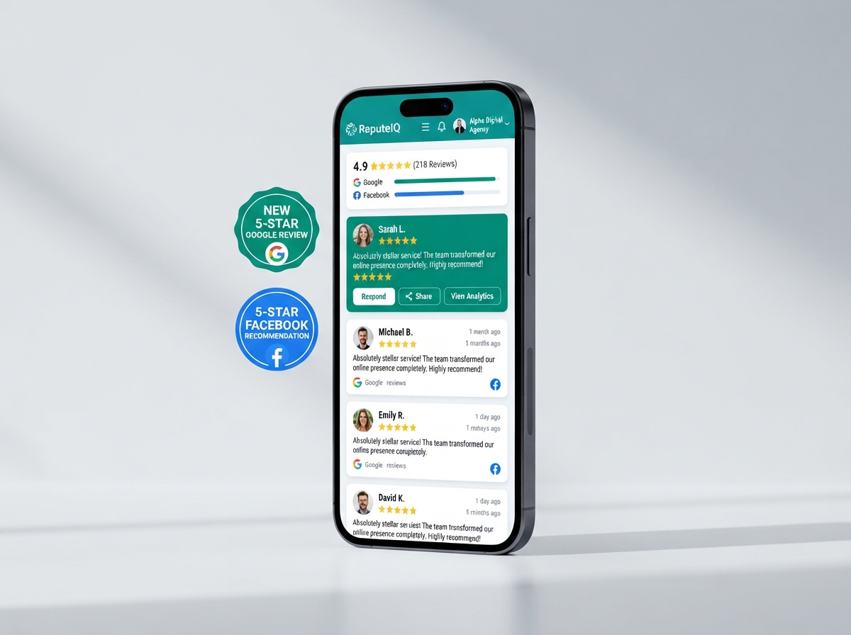 Stream of 5-star Google and Facebook reviews with testimonial cards