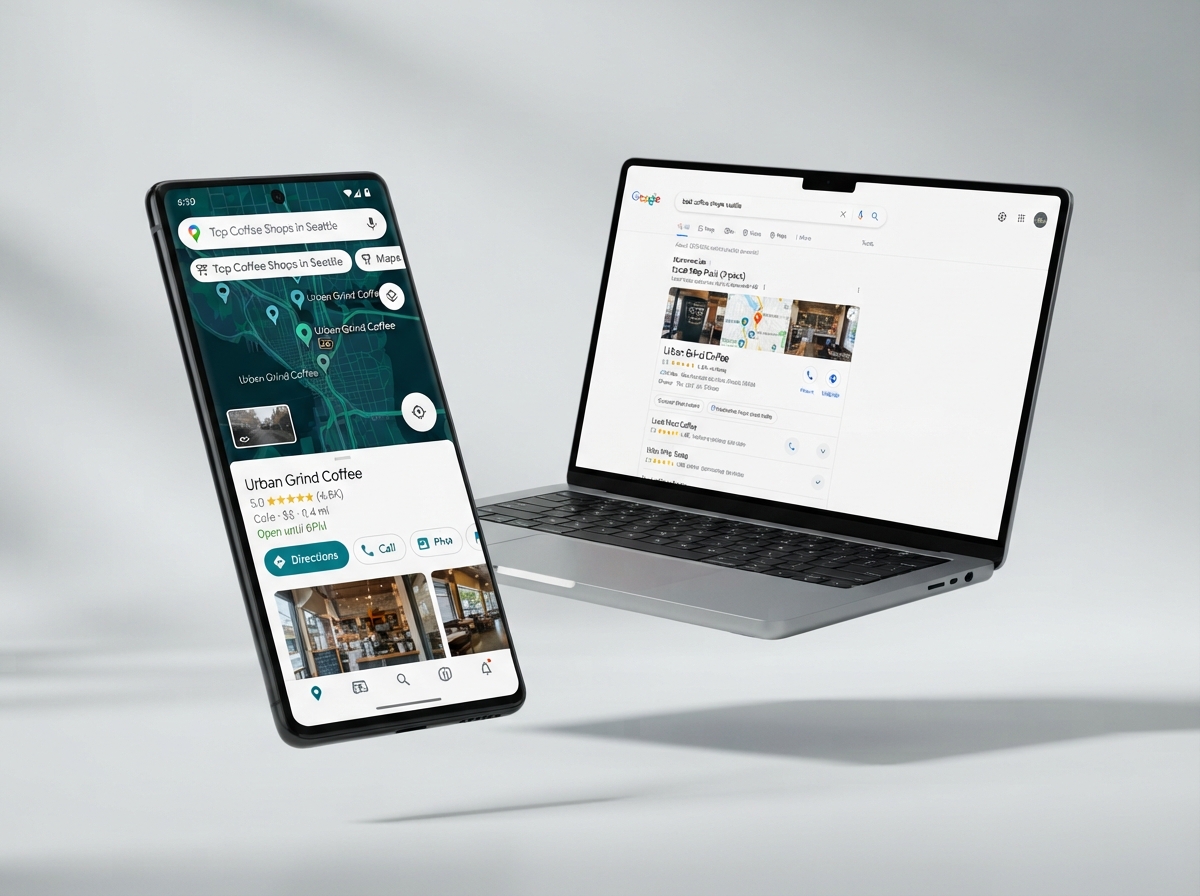 Google Maps local search results with a business ranked at the top of the map pack