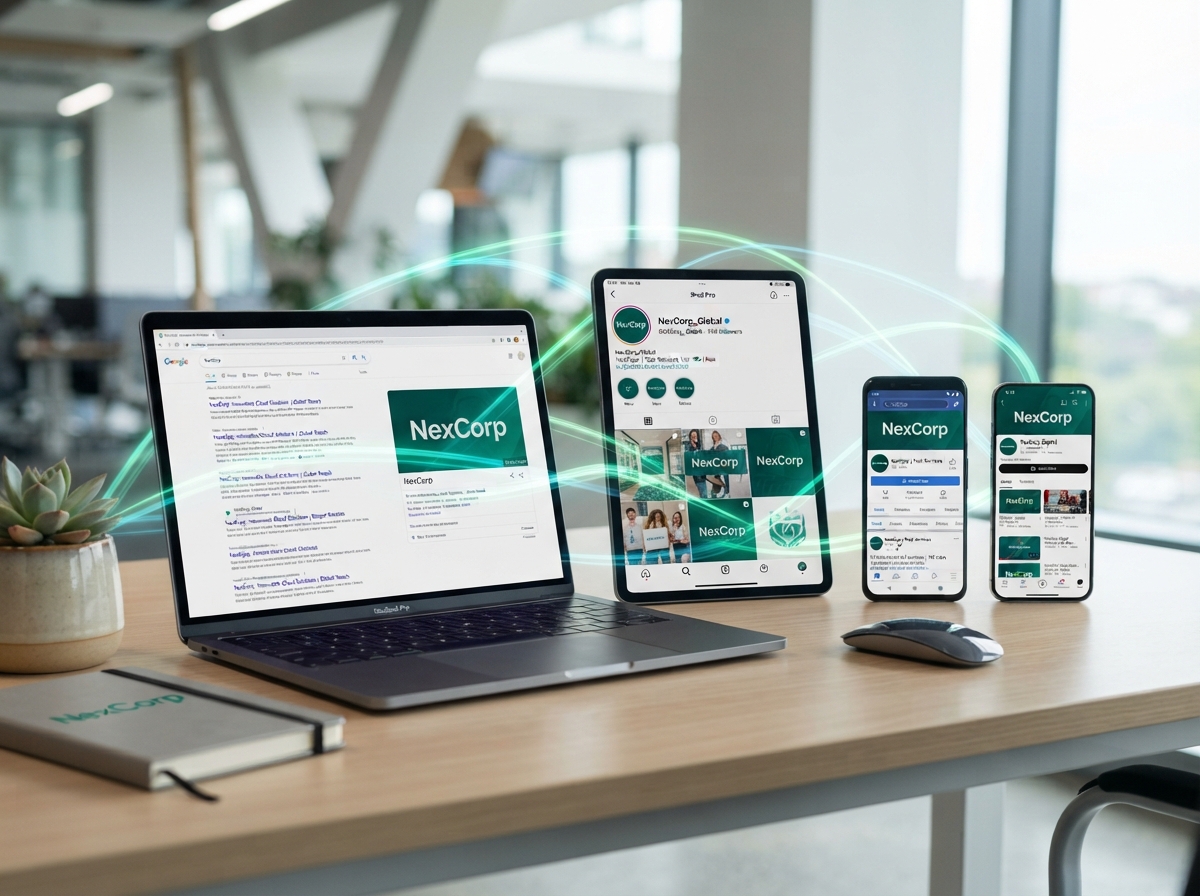 One business brand visible across Google, Instagram, Facebook, and YouTube on multiple devices