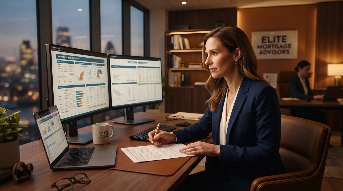 Mortgage broker reviewing loan documents and CRM pipeline on dual monitors in a modern office