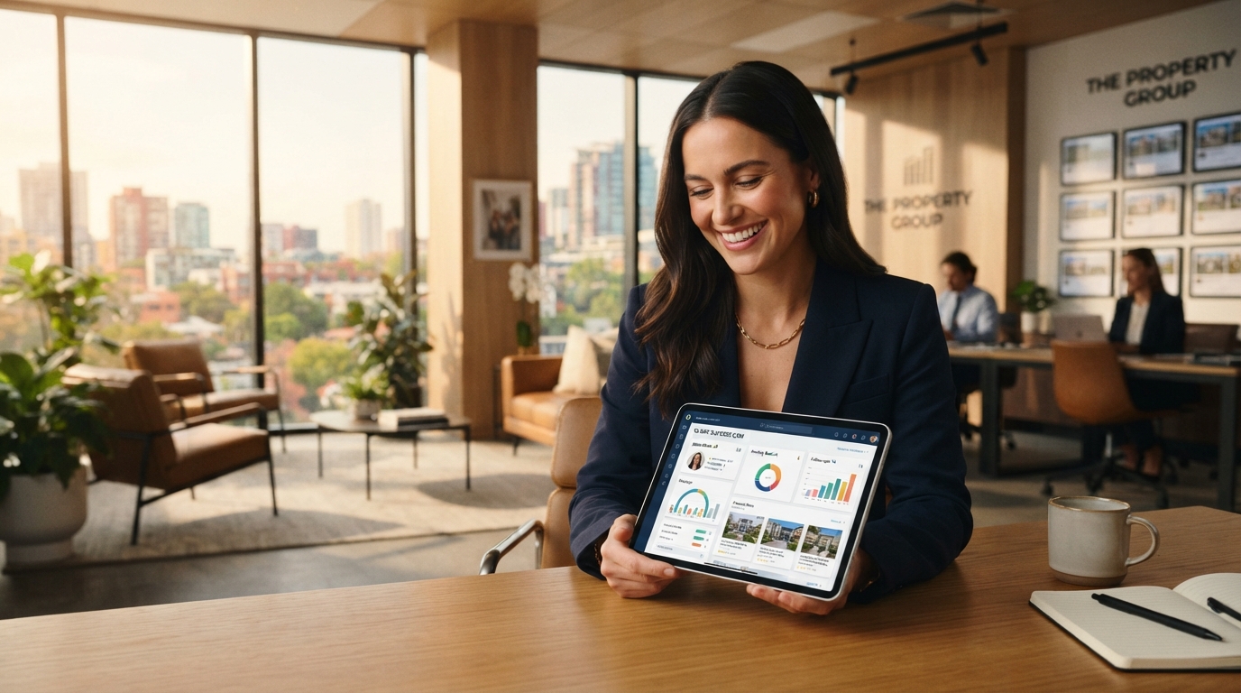 Real estate agent using Studio Escrow CRM to manage client pipeline on a tablet in a modern office