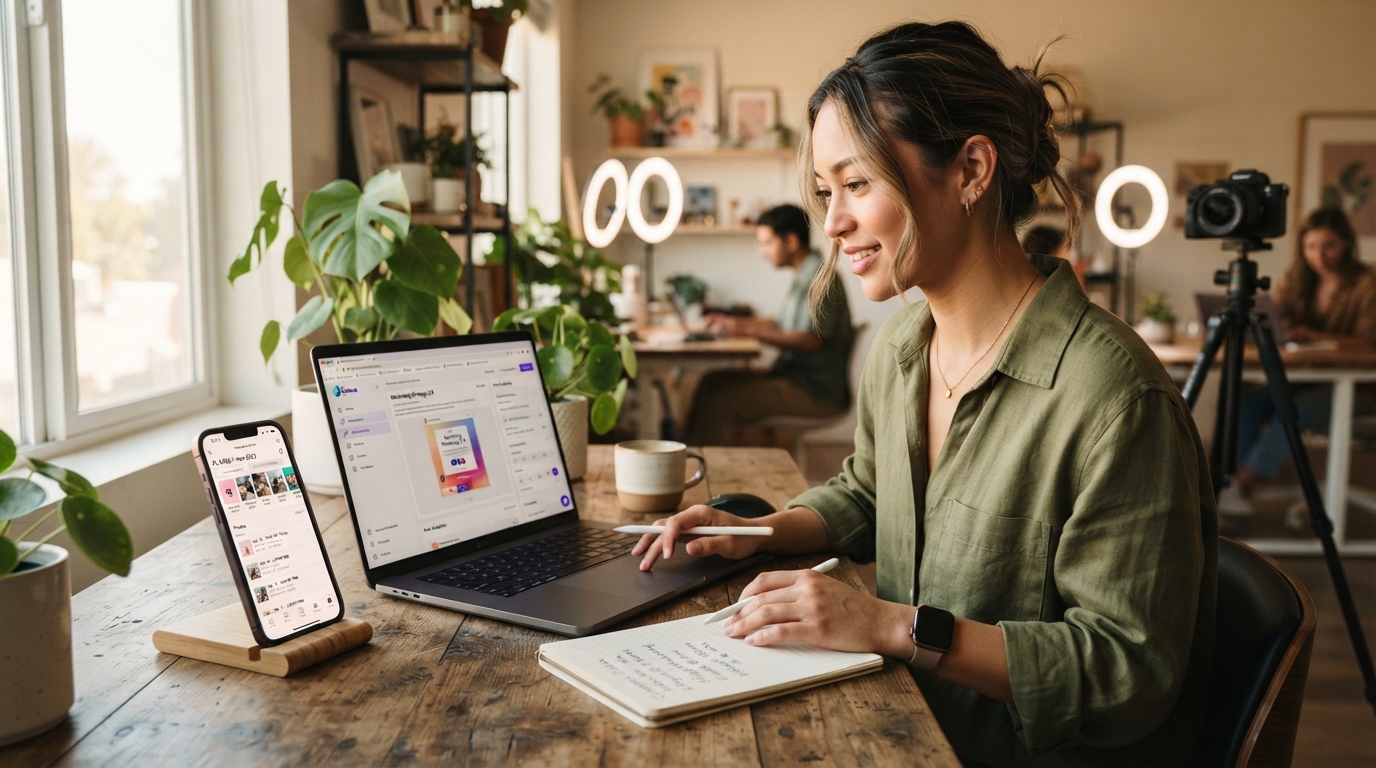 Social media manager scheduling content with Studio Escrow social planner on a laptop and phone