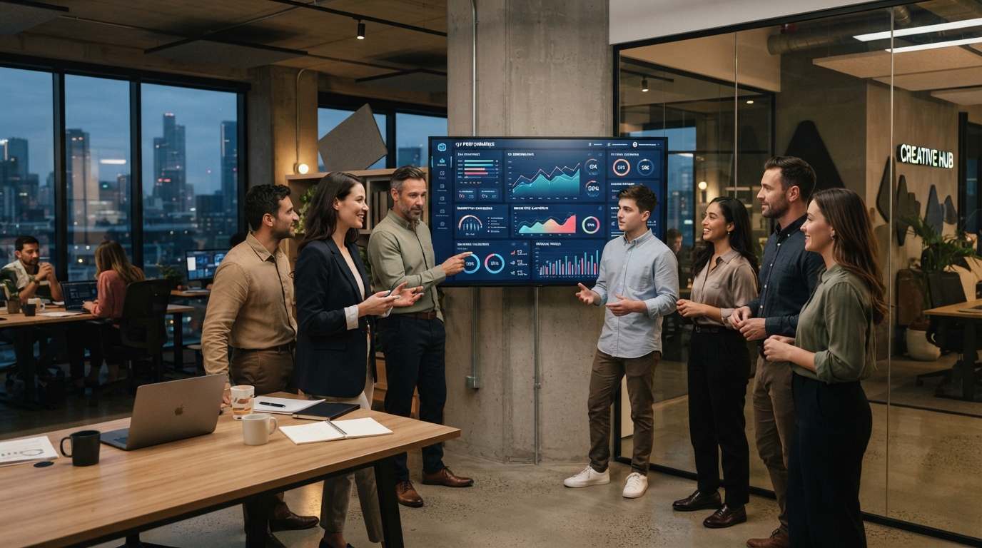 Marketing agency team collaborating around a large screen showing Studio Escrow analytics dashboards