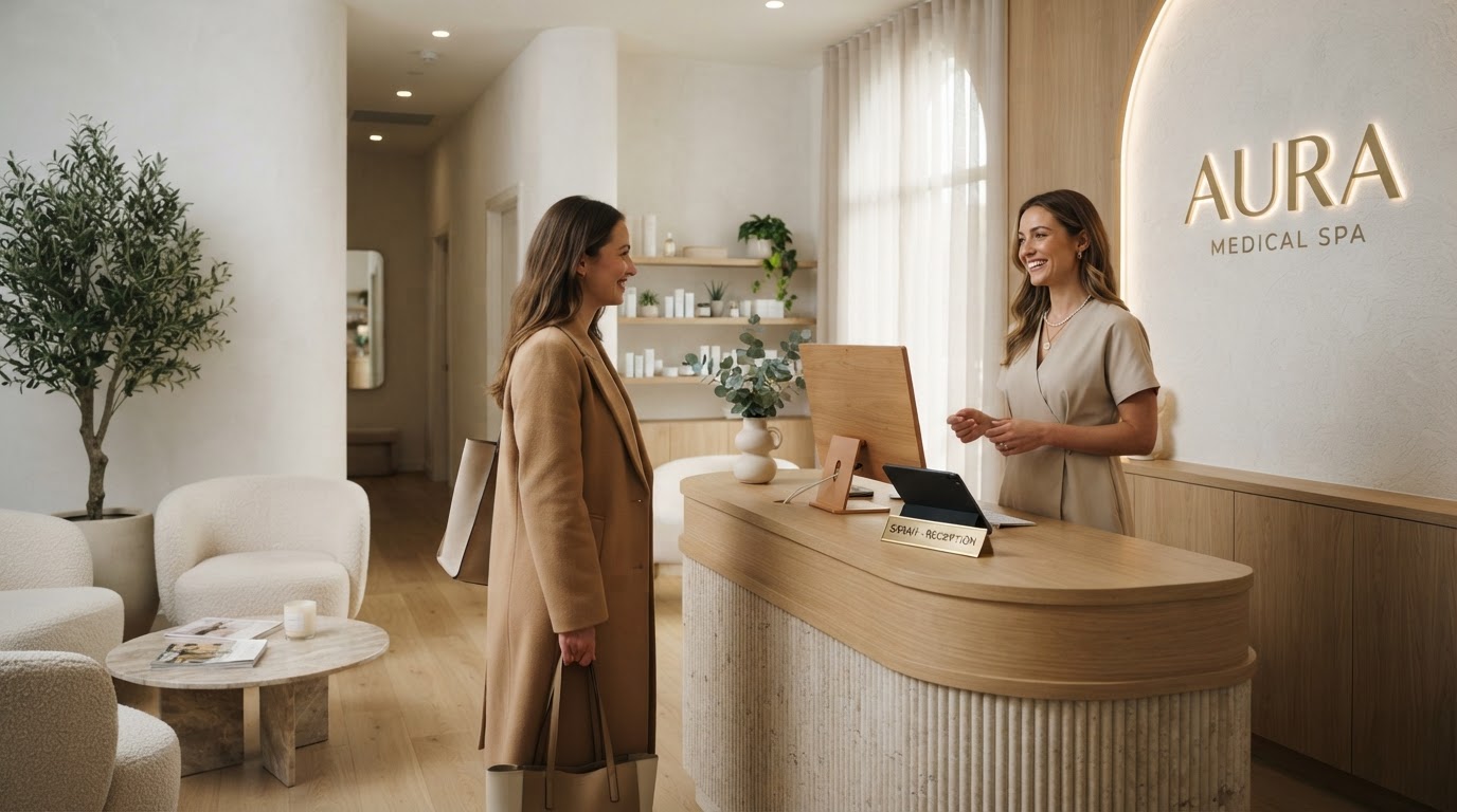 Medical spa receptionist at a sleek front desk using Studio Escrow patient scheduling software