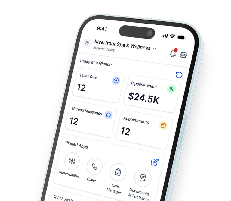 Studio Escrow Mobile CRM App interface showing lead management and sales pipeline on iOS and Android