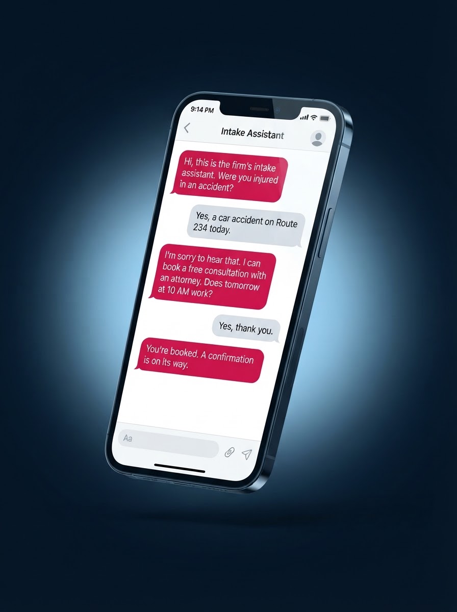 AI receptionist text-message intake conversation for a personal injury law firm at 9 p.m.