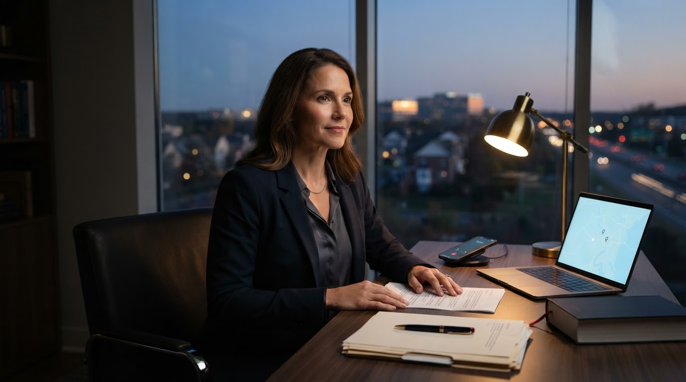 Personal injury attorney at desk in Gainesville, VA as phone lights up after hours — personal injury lawyer marketing