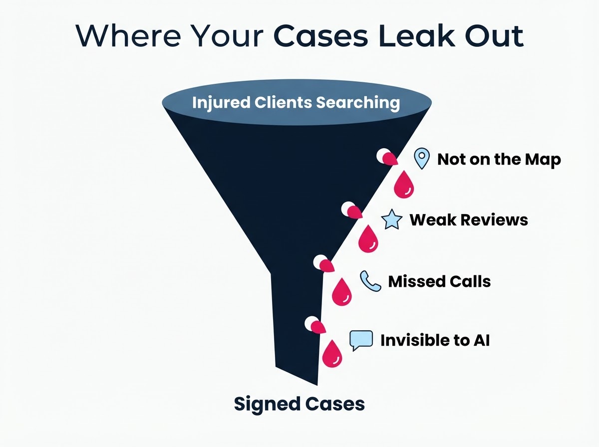 Infographic showing where personal injury cases leak out across Prince William County — personal injury lawyer marketing