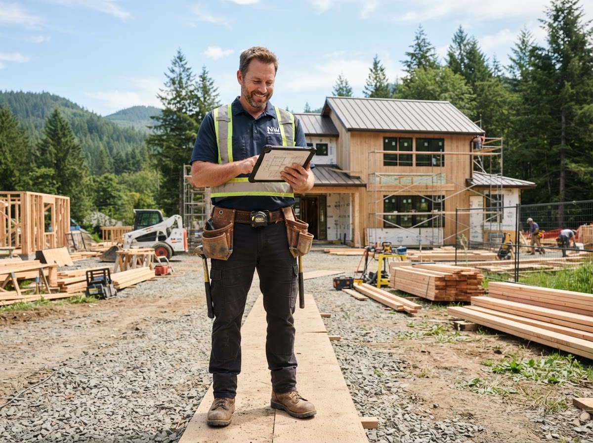 Bothell contractor reviewing project plans on a job site