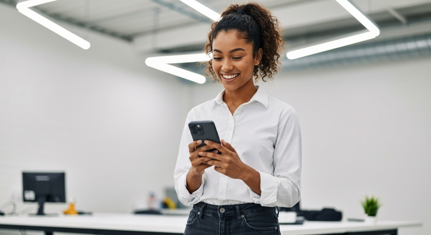 Contractor checking phone to see new job booked by AI receptionist missed call text-back system