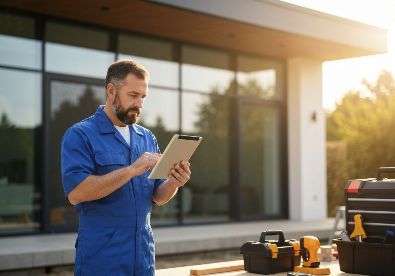 Contractor using high-tech tools and AI automation software to manage leads and jobs