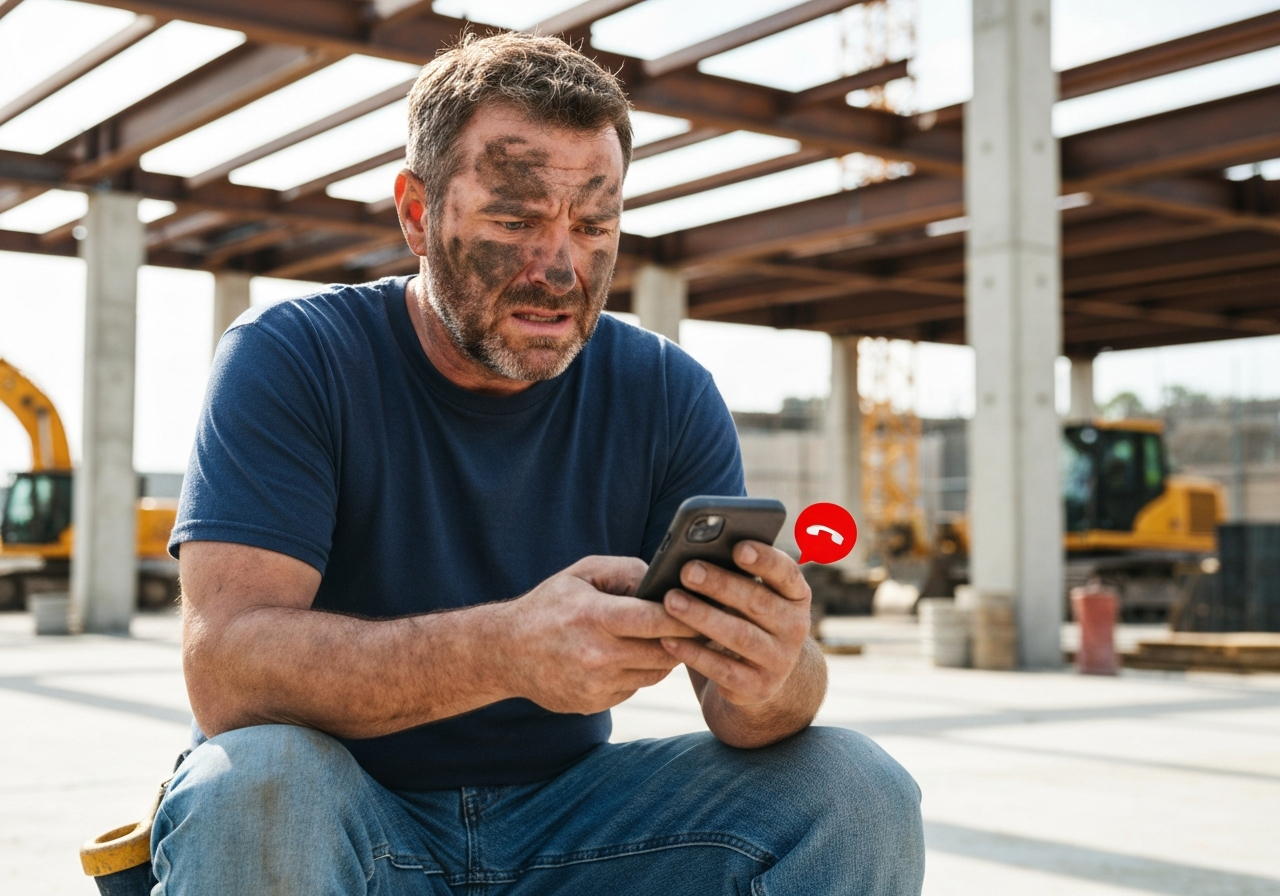 Stressed contractor looking at phone losing jobs due to slow lead follow-up