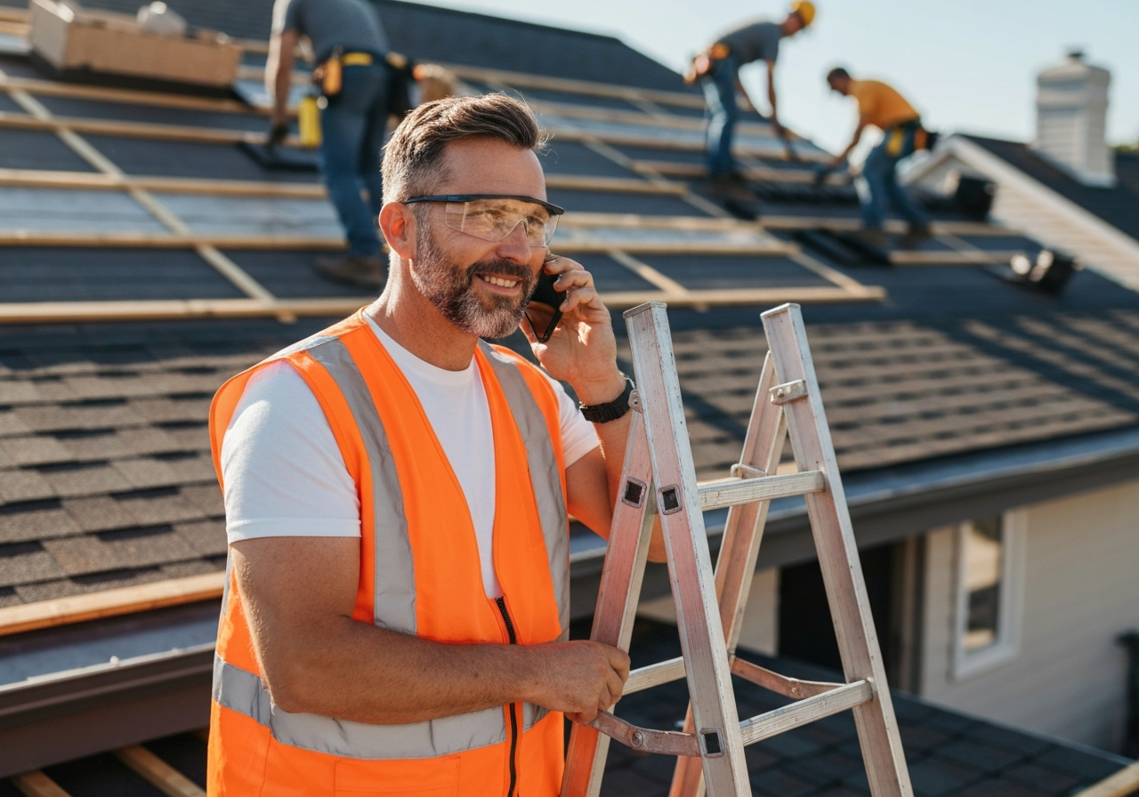 Roofing contractor on a house