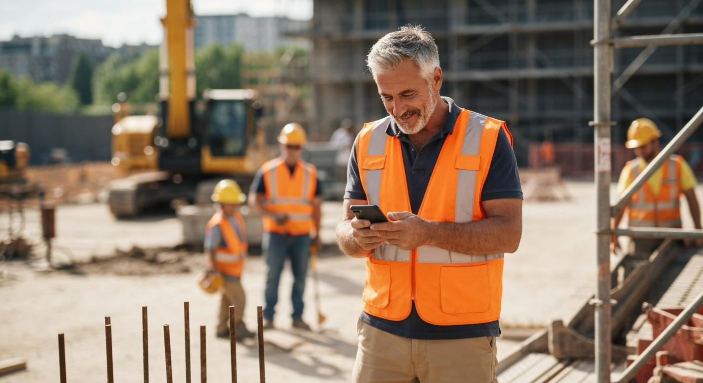 Contractor checking phone on job site for automated lead follow-up notifications