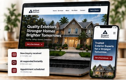 Contractor website shown on laptop and mobile screen with instant lead response notifications
