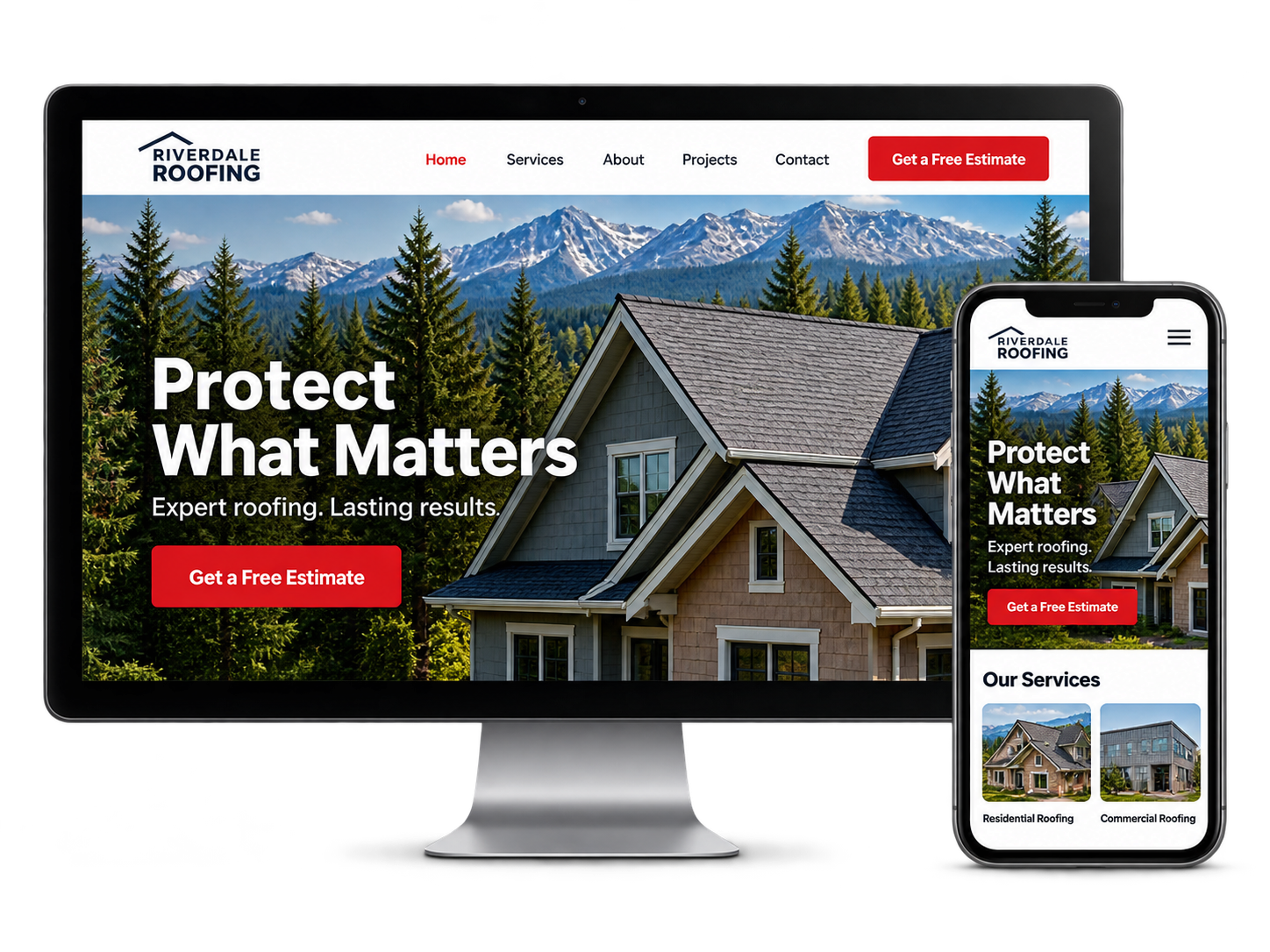 Riverdale Roofing contractor website and mobile mockup concept