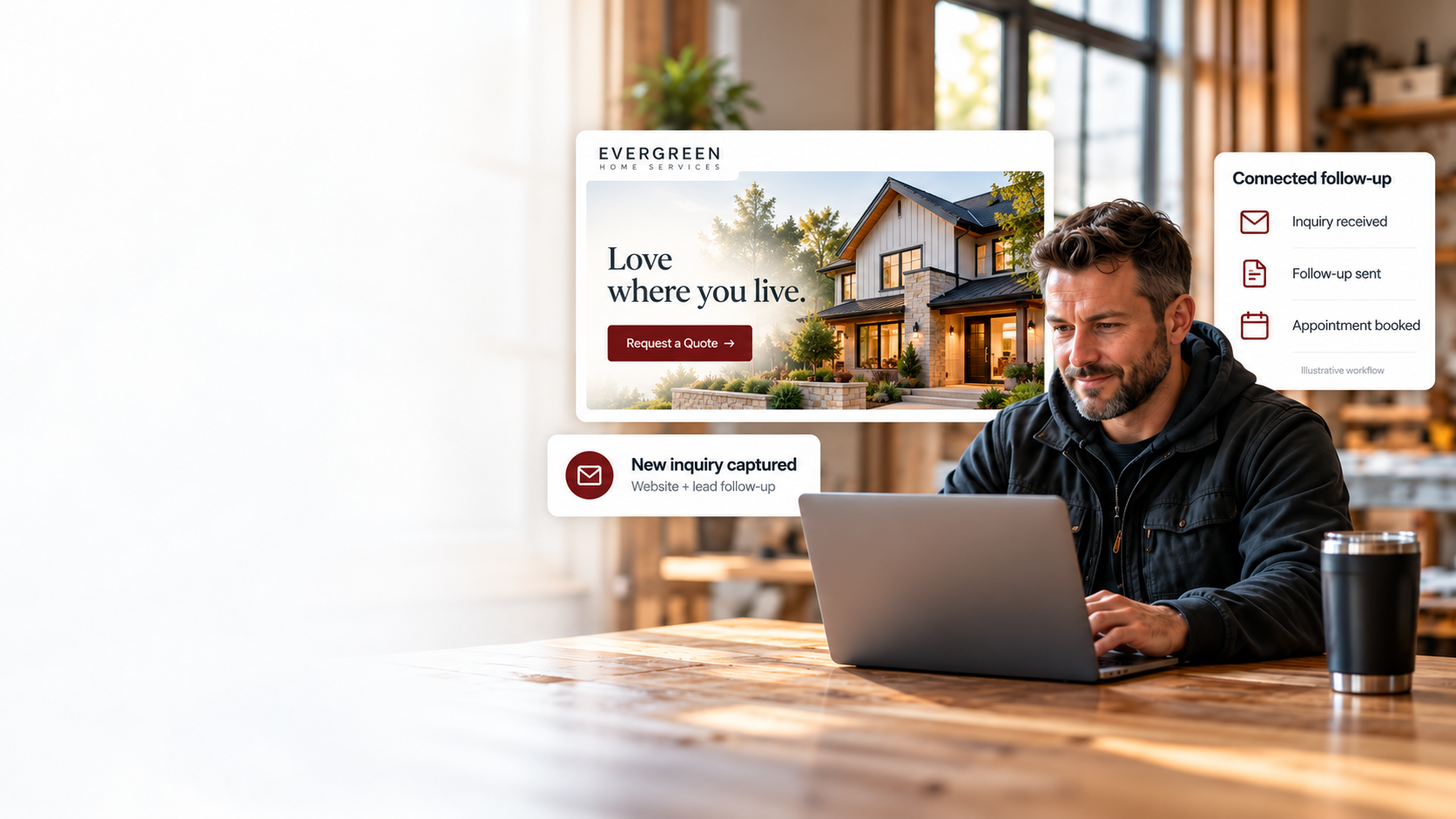 Contractor working on laptop with website inquiry and connected follow-up workflow