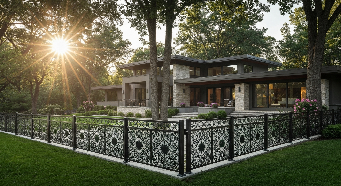 Elegant black aluminum fence in a Chicago yard Elegant black aluminum fence in a Chicago yard