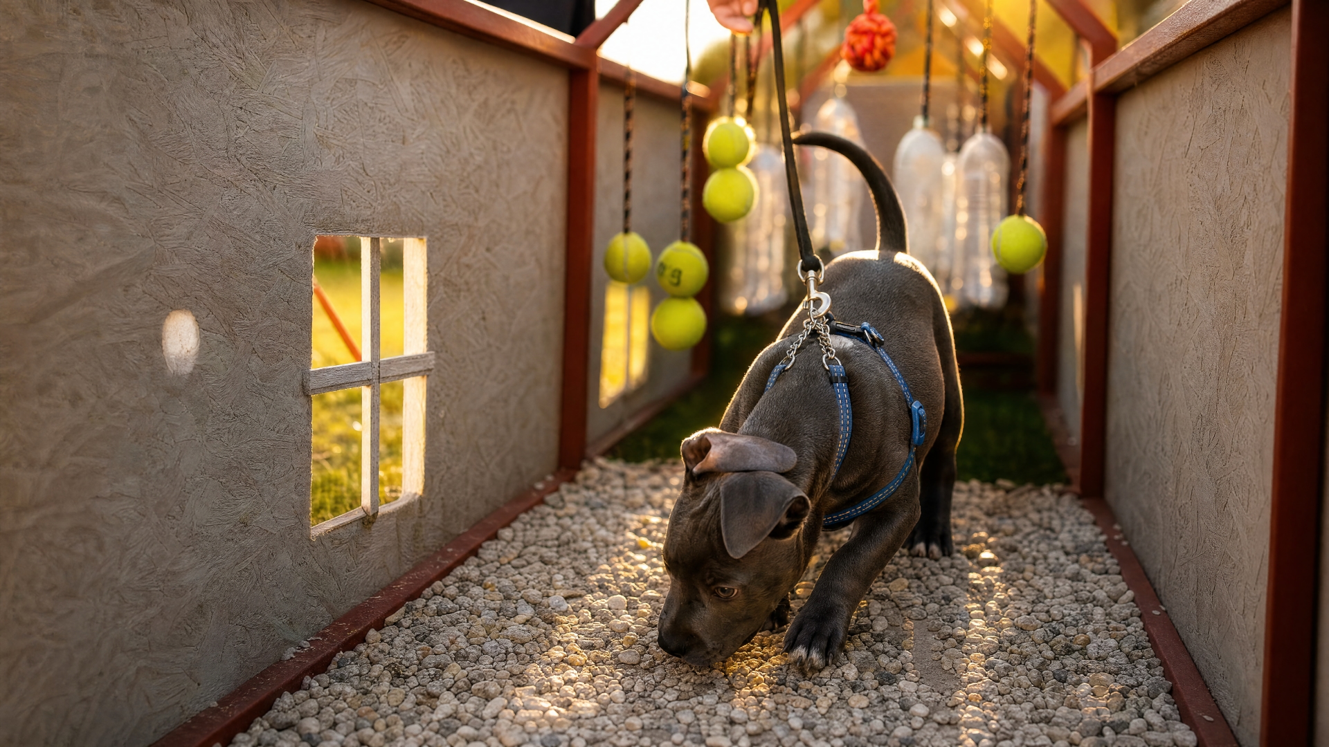 Dog on leash exploring the training area at Vitozol