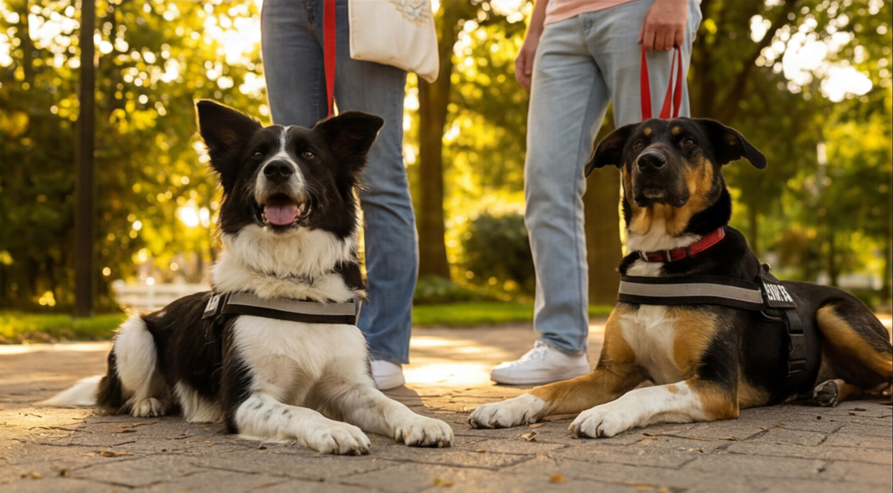 Two service dogs in harnesses lying calmly on a paved path outdoors with their handlers
