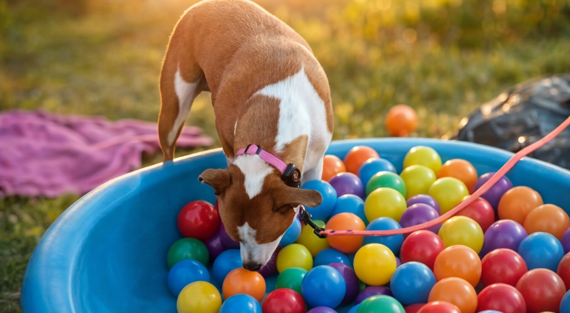 Dog playing in the colourful ball pit at Vitozol
