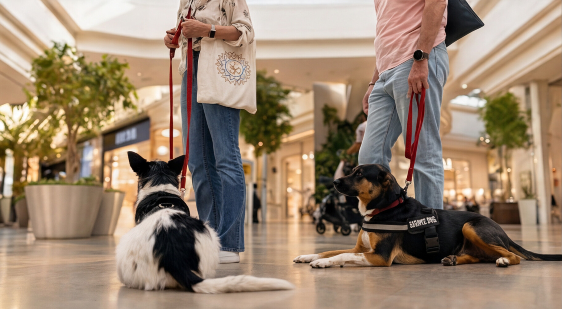 Two service dogs lying down inside a shopping mall with their handlers standing nearby