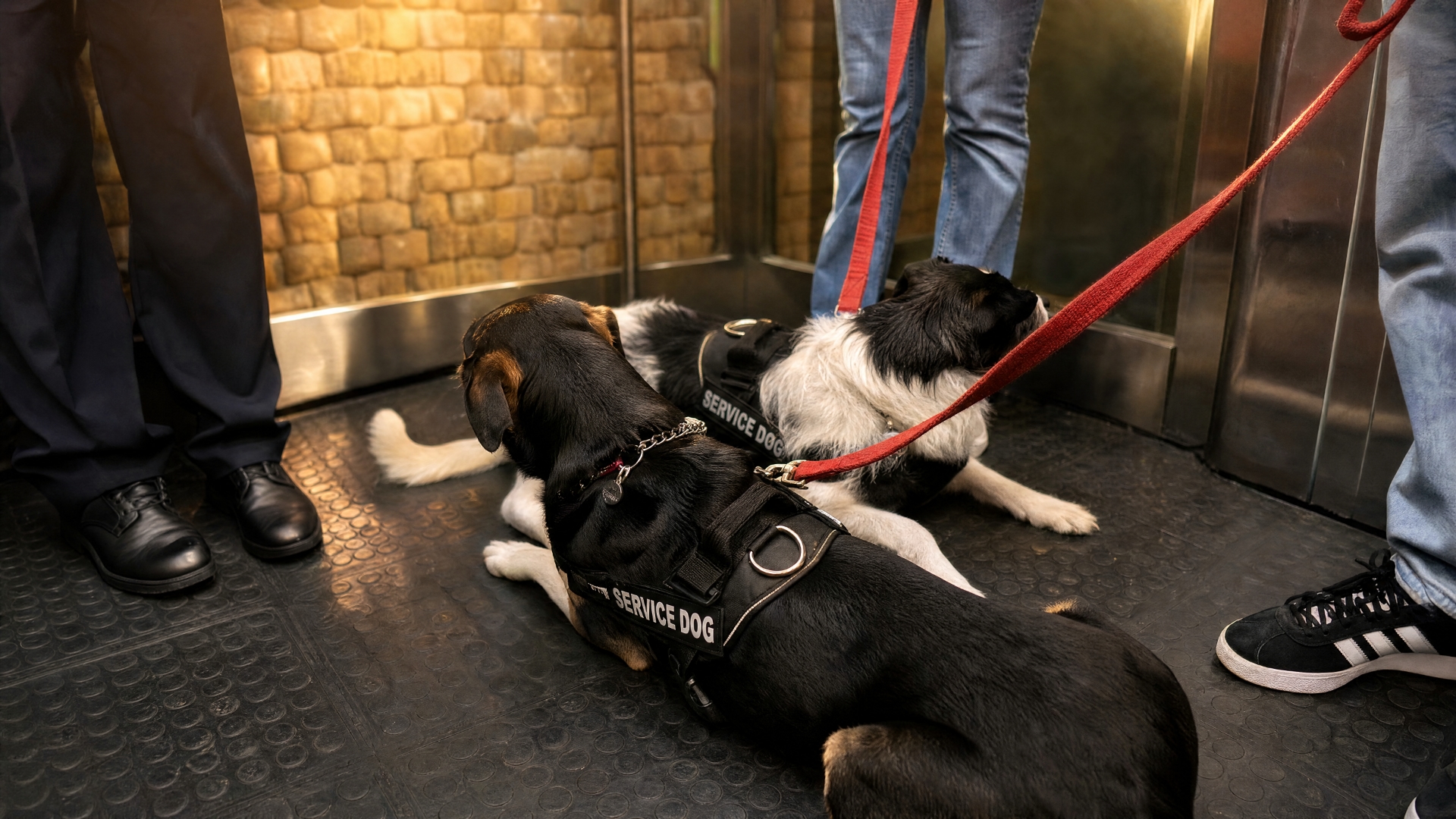 Service dogs in harnesses resting on an elevator floor during public access training