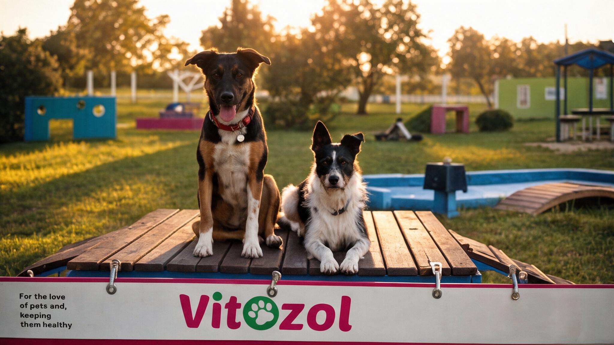 Two dogs sitting on the Vitozol Dog Park welcome platform