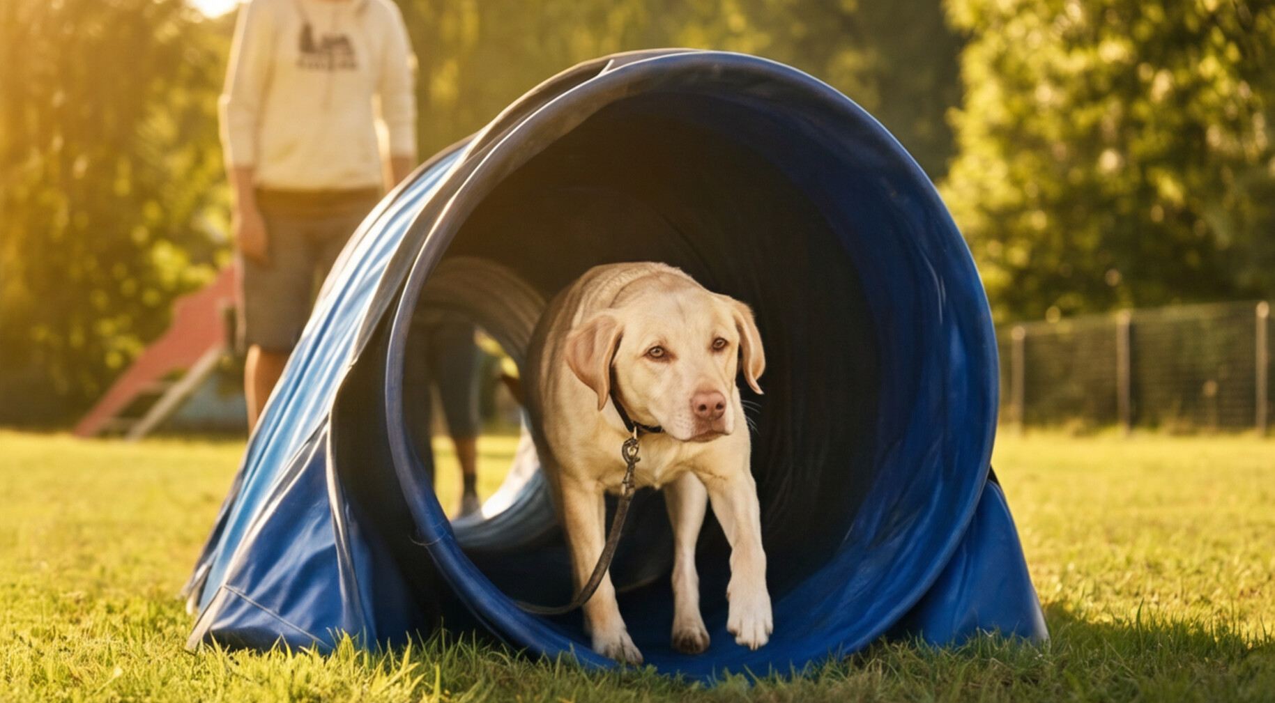 Yellow Labrador coming through an agility tunnel during training