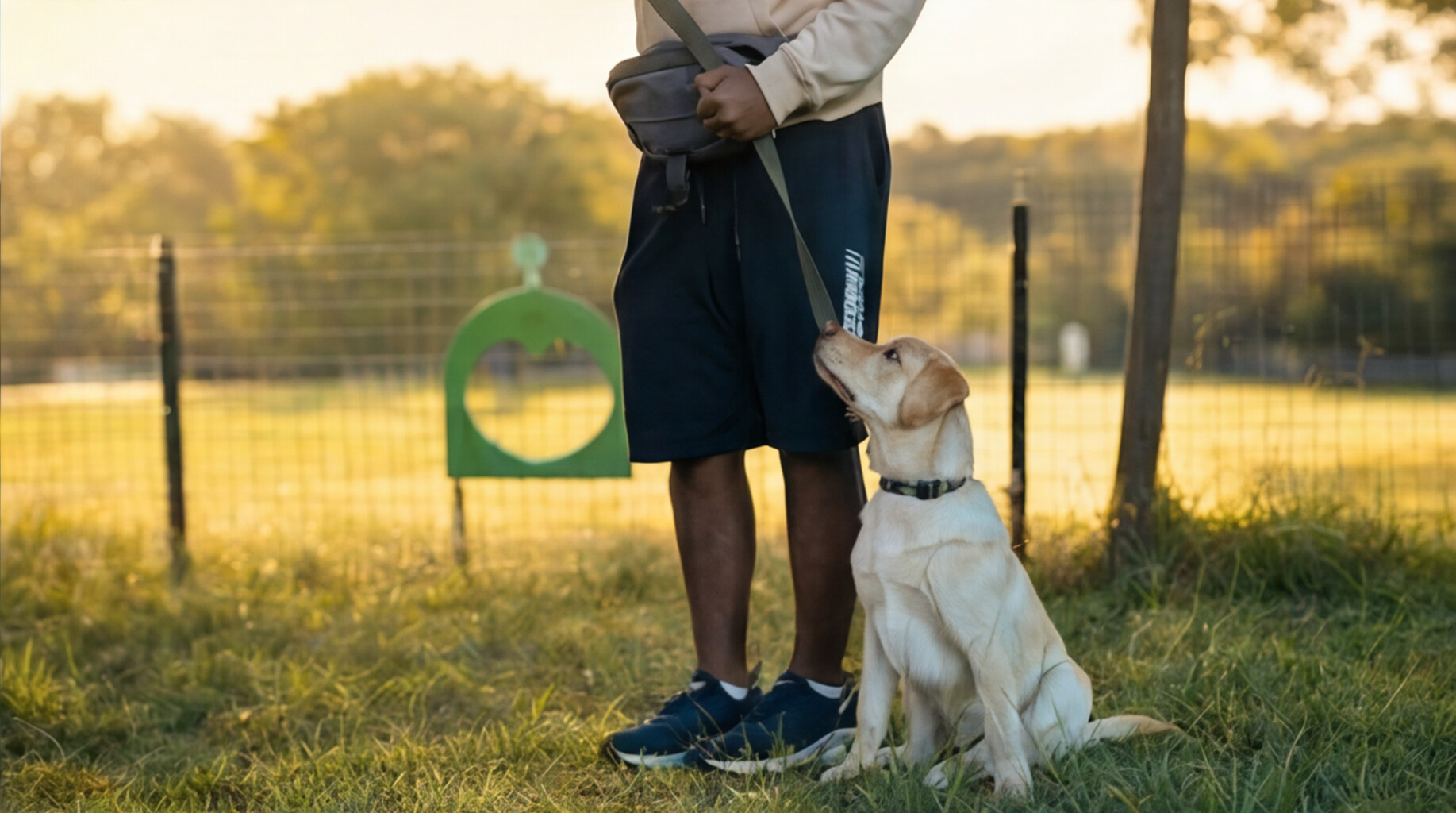 Handler with yellow Labrador sitting attentively on the grass field