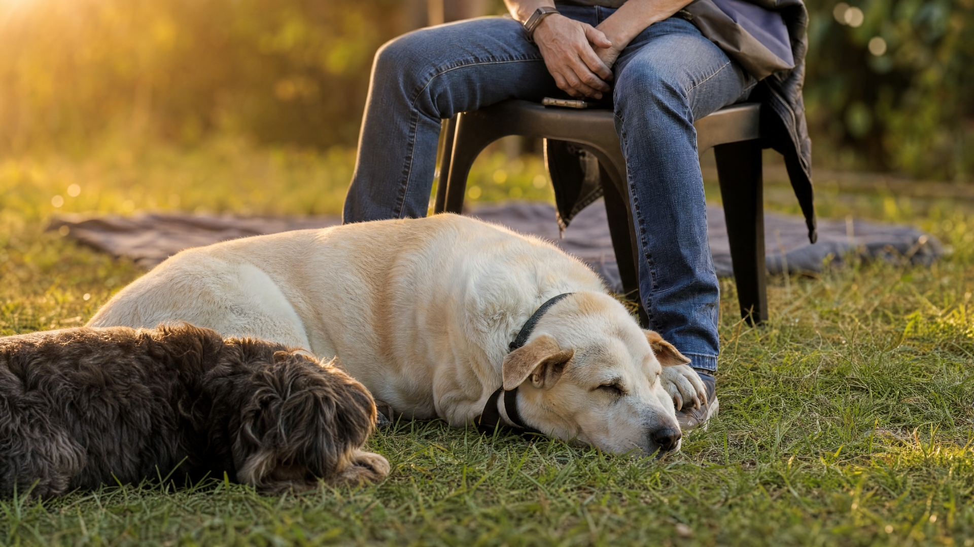 Two dogs resting calmly beside their handler on the grass field