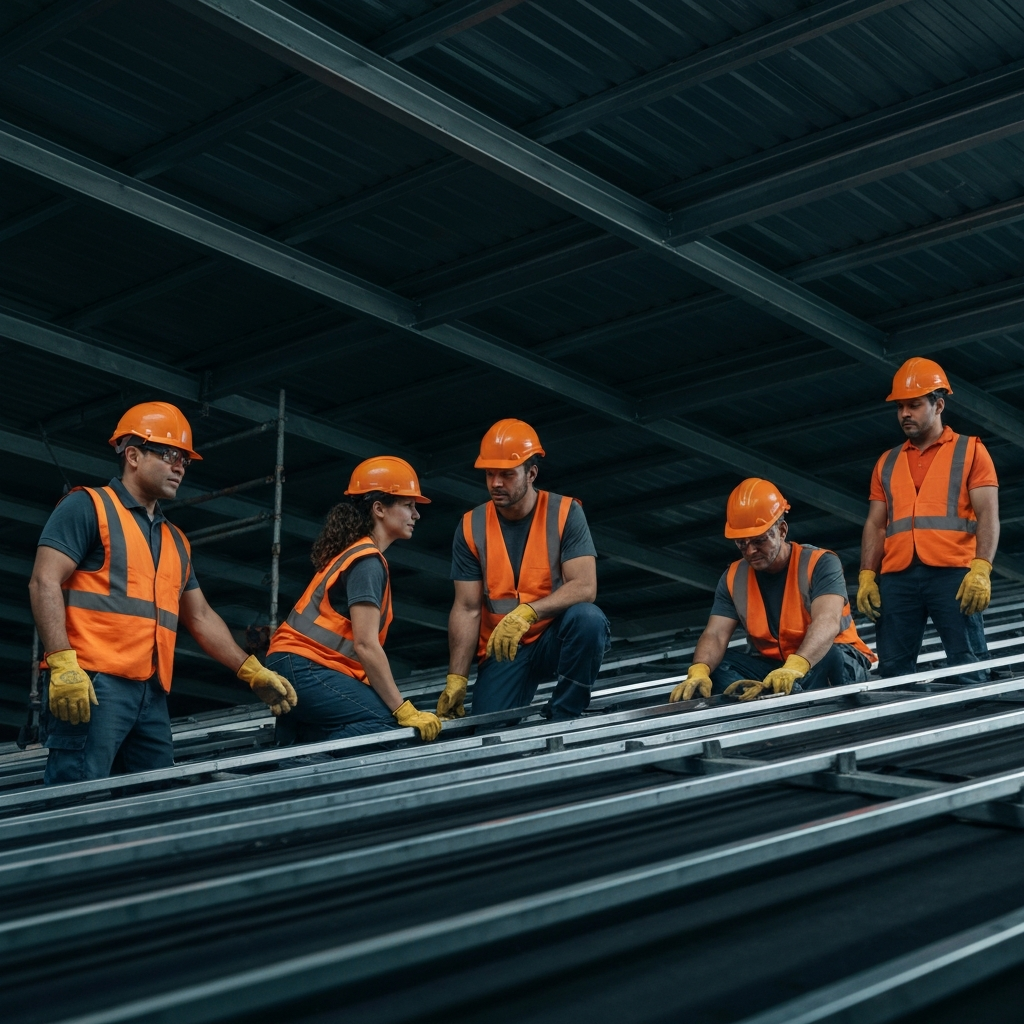 Roofing team at work