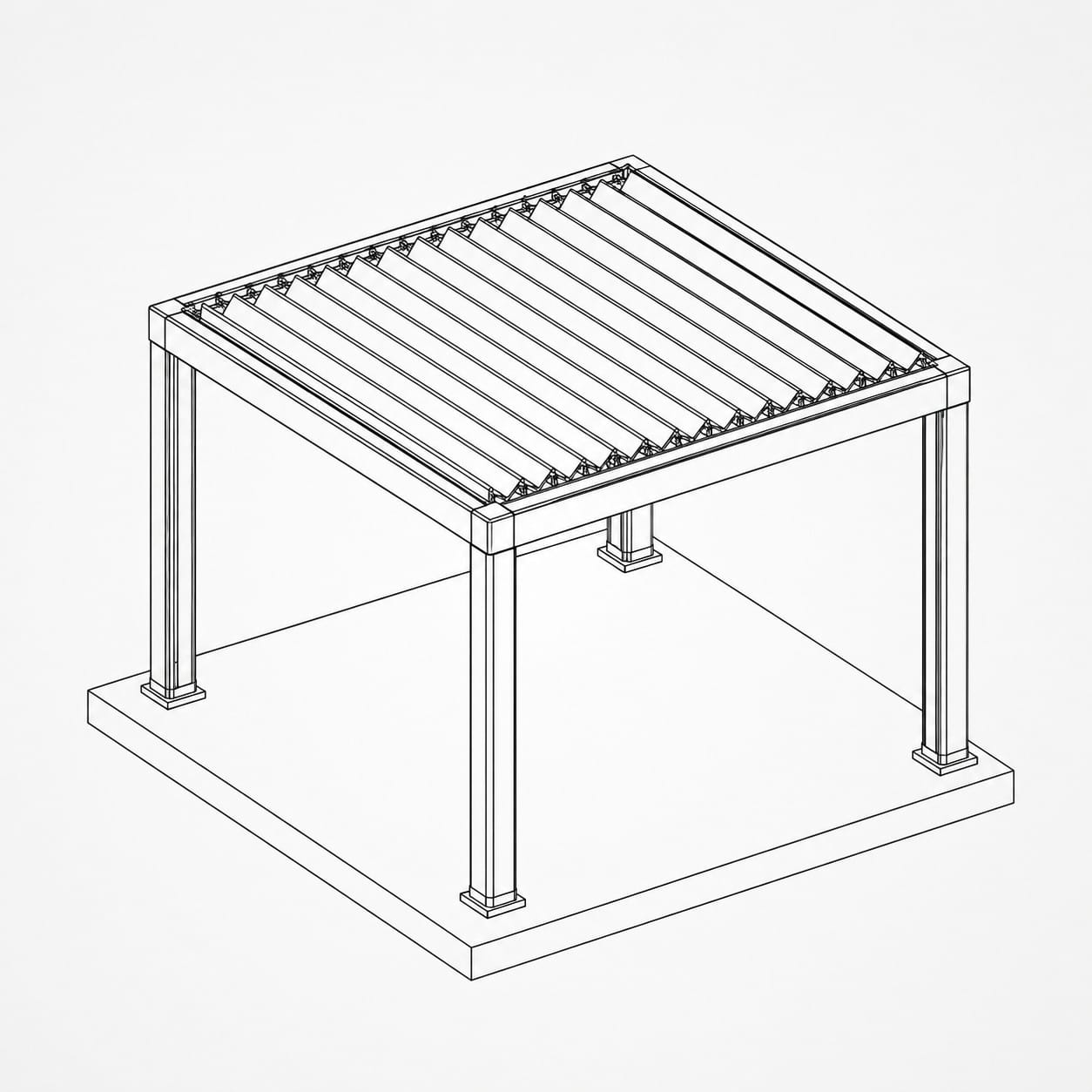 Line illustration of a freestanding bioclimatic pergola with four aluminium posts and motorised louvre blades shown at 45 degrees, in isometric view