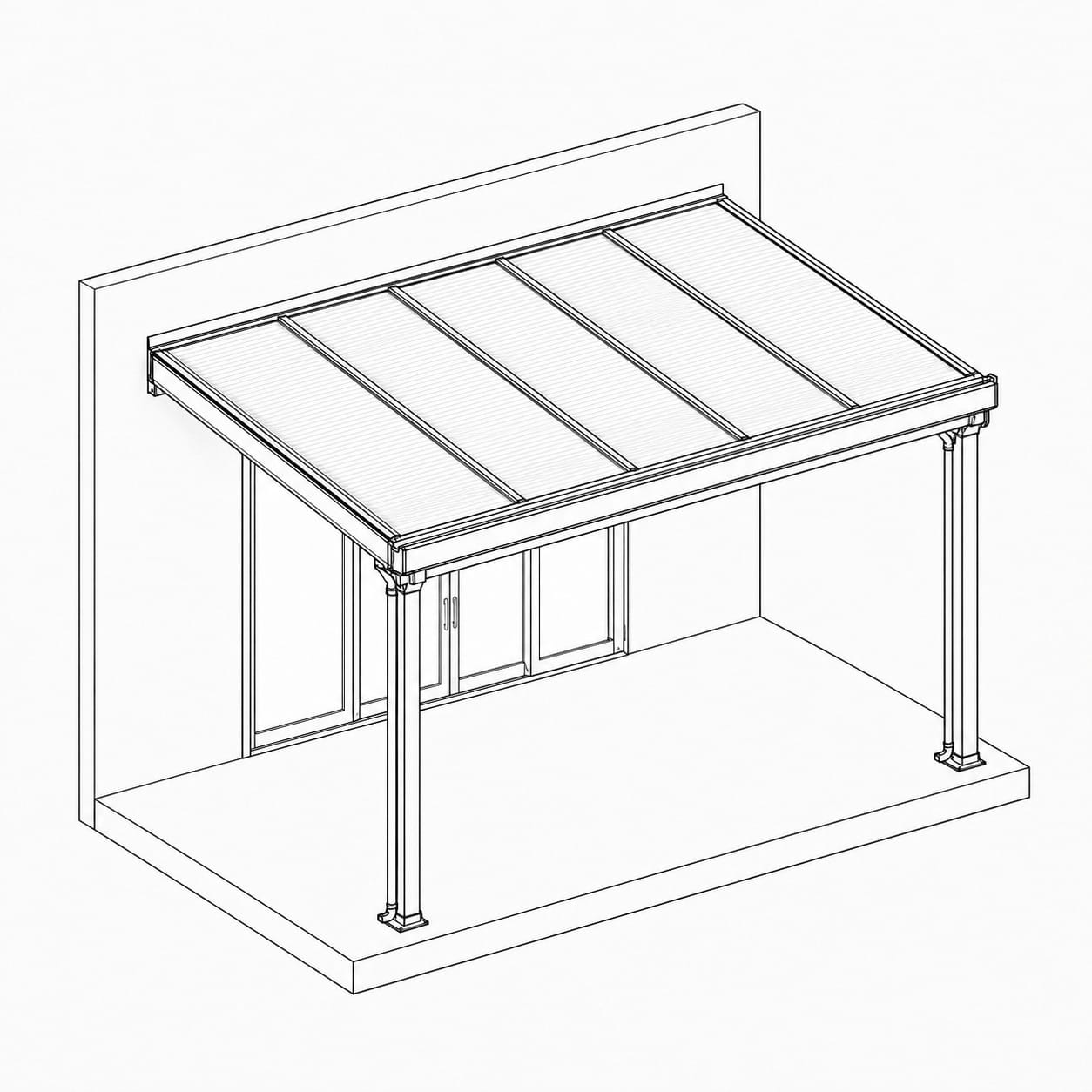 Line illustration of a wall-mounted aluminium veranda with glass roof and wide-stance posts, shown in isometric view