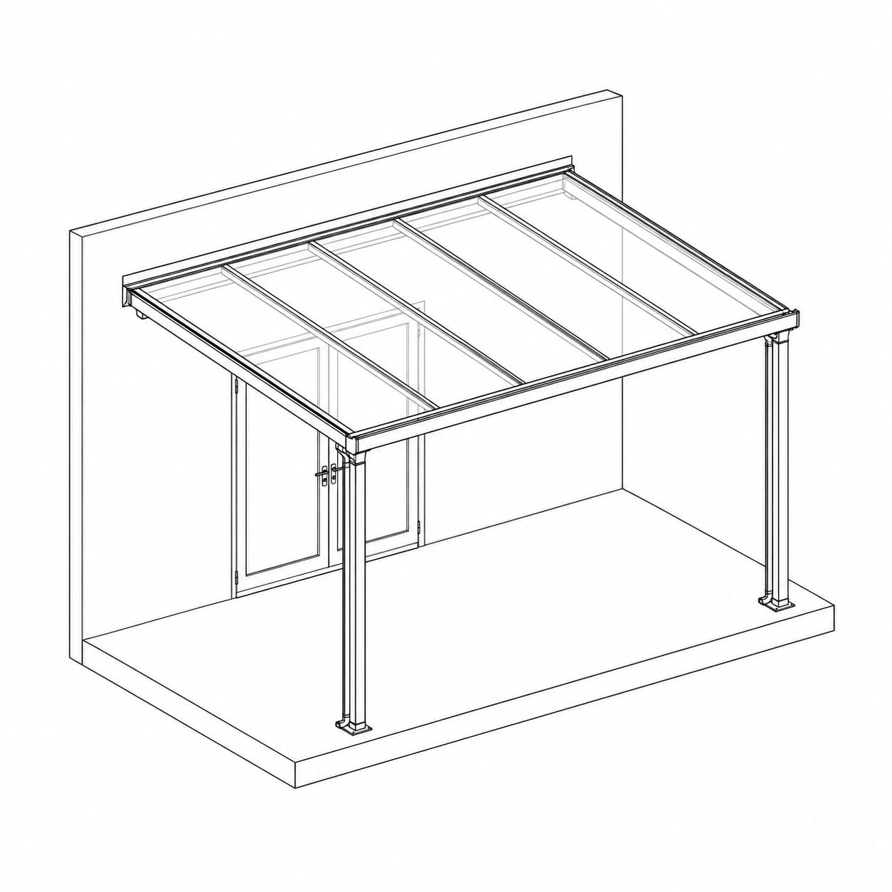 Line illustration of a premium wall-mounted glass veranda with architectural post details and glass connector bar, shown in isometric view
