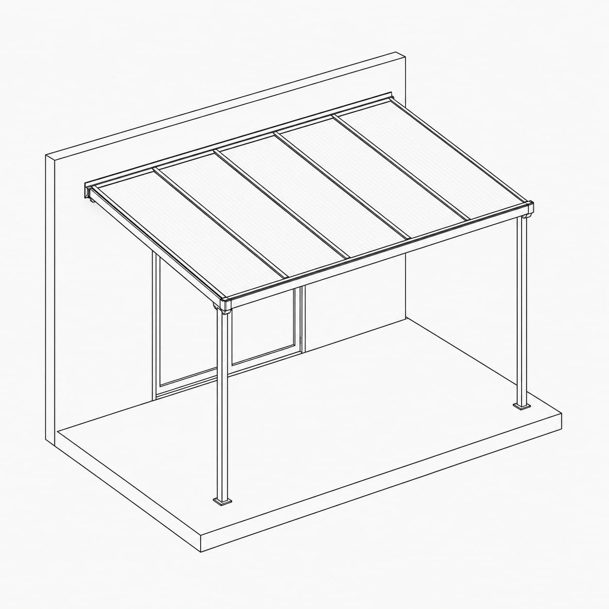 Line illustration of a wall-mounted patio canopy with polycarbonate roof and two posts, shown in isometric view