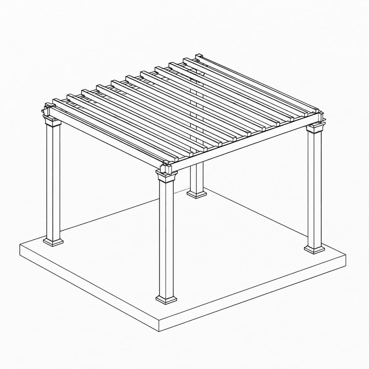 Line illustration of a freestanding timber-style pergola with four posts and an open slatted roof, shown in isometric view