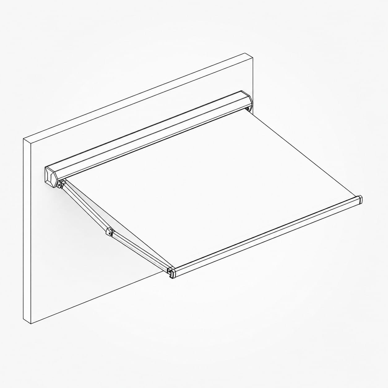 Line illustration of a wall-mounted retractable fabric awning shown in the extended position with cassette housing and two support arms, in isometric view