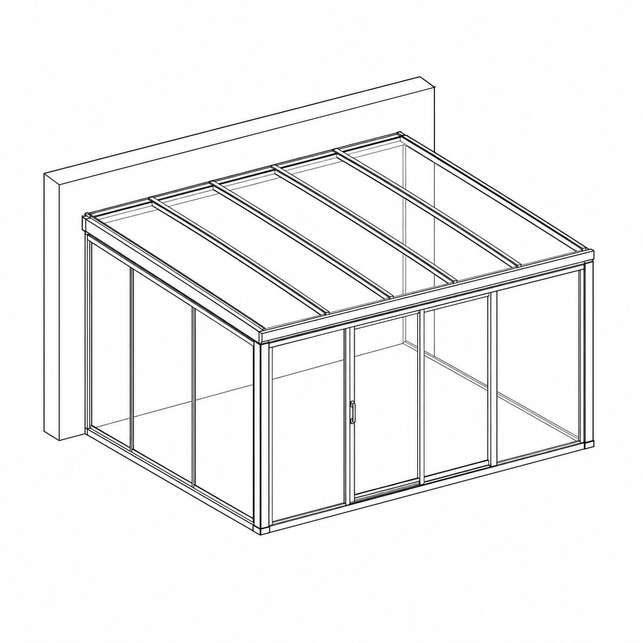 Line illustration of a fully enclosed glass room with sliding glass door panels on the front face and fixed glazed sides, shown in isometric view