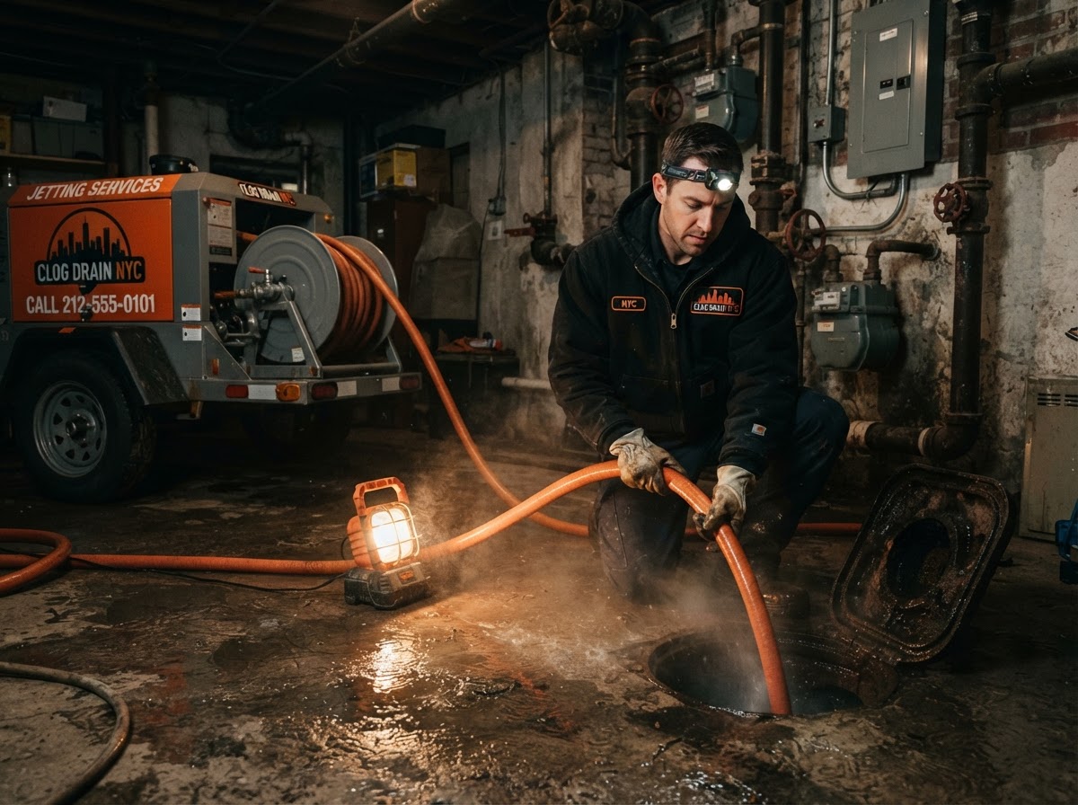 Clog Drain NYC technician feeding a high-pressure water jetting hose into a sewer cleanout