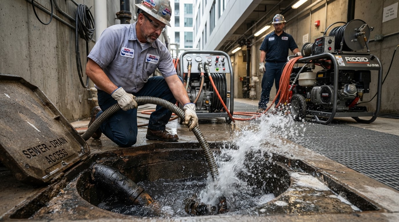 Clog Drain NYC technician performing high-pressure water jetting on a clogged sewer line in NYC