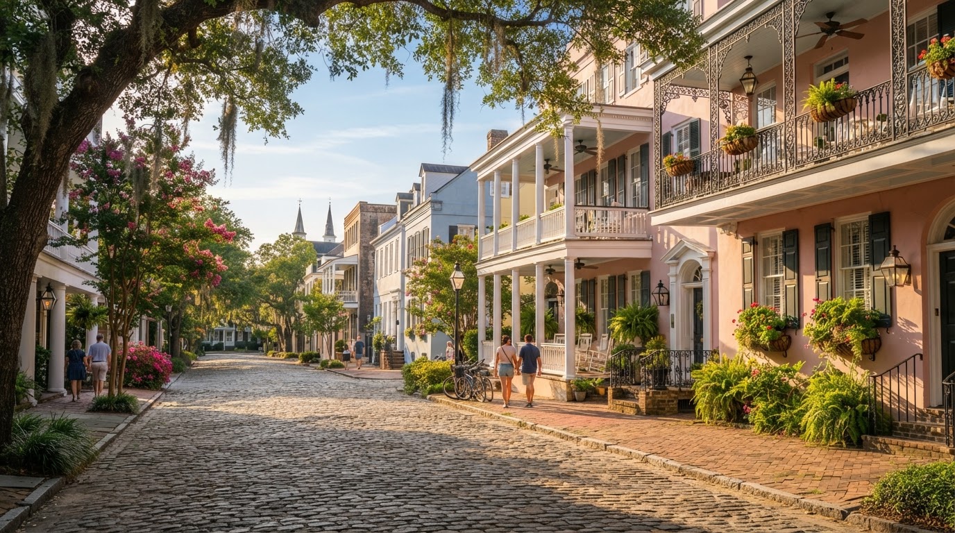 Historic homes with piazzas on a downtown Charleston street